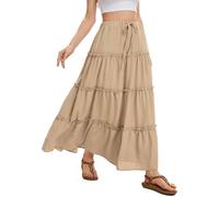 WUWUSKY Rock Damen Sommer Maxi Rock Elegant Lang Hohe Taille Sommerrock Casual A-Line Freizeitrock mit 2 Taschen,Light Coffee,S