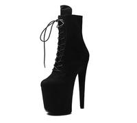 WUXIN H&P Poledance-Stiefeletten für Damen, kurze Stiefelette, 20 cm, Plateau, modisch, Stiletto, hoher Absatz, runder Zehenbereich, sexy Schnürung, Lackschuhe, 20 cm, Black Bugras, 44 EU