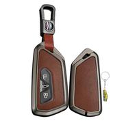 WUZUTU Leder Autoschlüssel Hülle Kompatibel mit VW Golf 8 Passat B9 Tiguan 2025 für Seat Leon MK4 2025 Metall Schlüsseletui mit Schlüsselanhänger Fernbedienung Schutz Etui 3 Tasten A-Schwarzbraun
