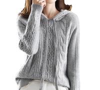 Wvapzxx Damen 100% Kaschmir Pullover Winter Kapuzenpullover Kragen Strickpullover Dicker Langarm Twist Strickpullover Hoodie, grau, 46