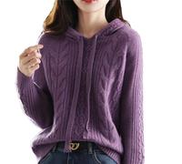 Wvapzxx Damen 100% Kaschmir Pullover Winter Kapuzenpullover Kragen Strickpullover Dicker Langarm Twist Strickpullover Hoodie, violett, 42