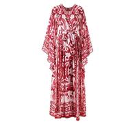Wvapzxx Damen Lose Schnürgürtel Lange Robe Kleid Porzellan Druck Urlaub Kleid Sommer Vintage Bohemia Kleid, rot, XXL