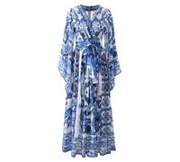 Wvapzxx Damen Lose Schnürgürtel Lange Robe Kleid Porzellan Druck Urlaub Kleid Sommer Vintage Bohemia Kleid, blau, XL
