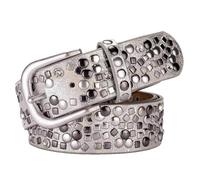 Wvapzxx Damen PU-Leder Gürtel Strass Nieten Rock Punk Gürtel, silber, 105CM
