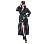 Wvapzxx Herbst Extra Langer Schwarzer Holografisch Glänzender, Dehnbarer, Weicher PVC-Leder-Trenchcoat Für Damen