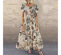 Wxbc Vintage Floral Langes Kleid Damen Sommer Elegant Leinen Kurzarm Boho Maxikleid Damen Urlaub Sommerkleid Partykleider-Orange,M