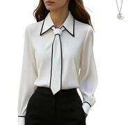 WXDTW Elegante Seidenblusen für Damen, Business, Freizeit, elegant, Wasserfallkragen, langärmelig, Satin, Arbeit, Büro, Hemden, Tops mit Krawatte, weiß, L