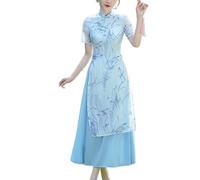 WYBZDA Vietnam-Damenkleid Traditionell Ao Dai Vietnamesisches Kleid Für Frauen Kurzarm Chinesisch Kleid Cheongsam Drucken Qipao (Color : Blau, Size : XL)