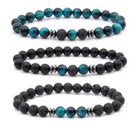 Wycian Paar Armbänder für Sie und Ihn, Armband Tigerauge Lavastein Perlen 3er Kristall Blau Schwarz Mode Elegante Perlen 8mm Naturstein für Abschlussball