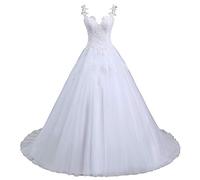 WYDYSLA Romantic-Fashion Brautkleid Hochzeitskleid Weiß Modell W101 A-Linie Stickerei Träger Satin Tüll De, Weiß, 44