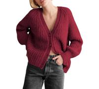 Wyeysyt Damen-Strickjacke 2024, Herbst, Knopfleiste, Grobstrickpullover, vorne offen, langärmelig, lässiger Cardigan, Dunkelrot, Klein