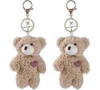 Wyjuan Mini-Plüsch-Schlüsselanhänger mit braunem Bär, rosa Herz, Plüsch-Schlüsselanhänger, weiche Baumwolle, DIY-Schlüsselanhänger, Basteln, Stofftiere, Autozubehör, 2 Stück
