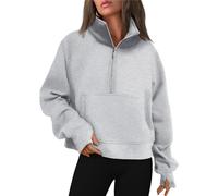 WYNNQUE Damen-Pullover mit Viertelreißverschluss, übergroße Sweatshirts, Cropped-Fleece, halber Reißverschluss, Kapuzenpullover, Herbstkleidung, Pullover, Daumenloch, GRAU, L
