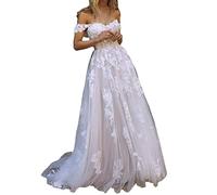 WZEFEIO A-Linie Spitzen Boho Vintage Hochzeitskleid für Braut Schulterfrei Strand mit Schleppe, Elfenbein, 32