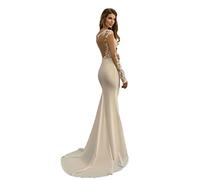 WZEFEIO Hochzeitskleid, Spitze, Langarm, Brautkleid, Blumenapplikationen, Brautkleid, V-Ausschnitt, Meerjungfrauenkleid, Brautjungfernkleid, Weiß, 8