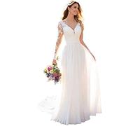 WZEFEIO Hochzeitskleid Spitzen Strand Brautmode Kleid Langarm A-Linie, Weiß, 54