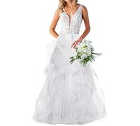 WZEFEIO Schlicht V-Ausschnitt Spitzen Brautmode Strand Rückenfrei, Elfenbein, 34