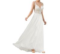 WZEFEIO Standesamtliche Chiffon Hochzeitskleid Strand Brautmode Spitzen V-Ausschnitt Brautkleider, Elfenbein, 48