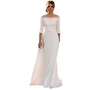 WZEFEIO Vintage Brautkleid Mit 3/4 Ärmel, Schulterfrei, Satin, Reißverschluss Hinten - Weiß, Größe 10