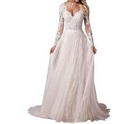 WZEFEIO Vintage Spitzen Langarm Strand Standesamtkleid Boho Brautkleid, Elfenbein, 40