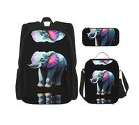 WZYCWB Einzeiliges Elefanten-Rucksack-Set (3-teiliges Set) - Schüler-Schultasche + Federmäppchen + Lunchtasche, Rucksack mit großer Kapazität