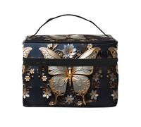 WZYCWB Große Kosmetiktasche für Damen, goldfarben, weiße Schmetterlinge, tragbare Kosmetiktasche mit großer Kapazität, Reise-Kosmetiktasche, Aufbewahrungstasche für Mädchen, Schwarz, Einheitsgröße