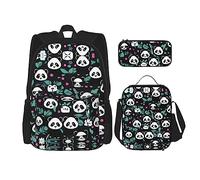 WZYCWB Panda Cute Face Rucksack-Set (3-teiliges Set) - Schüler-Schultasche + Federmäppchen + Lunchtasche, Rucksack mit großer Kapazität