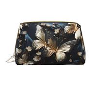 WZYCWB Reise-Kosmetiktasche aus Leder, goldfarbene weiße Schmetterlinge, schwarze tragbare Kosmetiktasche, große Kapazität, Kosmetik-Aufbewahrungstasche mit Taschen, Weiß, Einheitsgröße