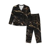 WZYCWB Schwarz-goldenes Marmor-Muster langärmeliges warmes Pyjama-Set, bequeme und warme Loungewear für Herbst/Winter, Schwarz , M
