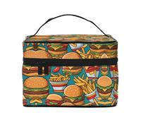 WZYCWB Süße Burger Pommes Frites Große Kosmetiktasche für Frauen, tragbare Kosmetiktasche mit großer Kapazität, Reise-Kosmetiktasche, Aufbewahrungstasche für Mädchen, Schwarz, Einheitsgröße, Schwarz