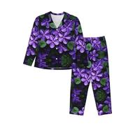 WZYCWB Violets in Bloom Gemustertes Langarm-Pyjama-Set, warm, bequeme und warme Loungewear für Herbst/Winter, Schwarz , XXL
