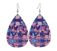 WZYWHJ Las Vegas Night City Bild Wassertropfen Anhänger Ohrringe Leder Ohrringe Damen Mode Artikel