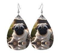 WZYWHJ Puppys Mops Bild Damen Leder Ohrringe Einfache Wassertropfen Anhänger Mode Urlaub Geschenk