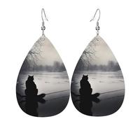 WZYWHJ Schwarze Katze im Schnee Bild Wassertropfen Anhänger Ohrringe Leder Ohrringe Damen Modeartikel