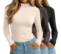 Xaatren 3er-Pack Damen-Mock-Neck-Tops, enganliegend, gerippt, Rollkragenhemden, trendig, langärmelig, gestrickt, Thermo-Unterhemden, Schwarz, Braun, Creme, Klein
