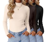 Xaatren Damen Rollkragen-Top, gerippt, langärmelig, Stehkragen, schmale Passform, Unterhemd, lässig, Basic, Layering-T-Shirt, 3er-Pack, Schwarz, Braun, Creme, Klein
