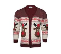 Xact Herren Rudolf Rentier Knopfleiste Weihnachts-Strickjacke (Burgundy) L