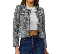 Xaspee Damen Tweed-Blazer, bauchfrei, langärmelig, Rundhalsausschnitt, vorne offen, Spitzenbesatz, leicht, kariert, Arbeitsblazer, Jacken, Schwarz Grau Weiß, M