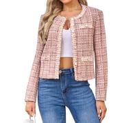 Xaspee Damen Tweed-Blazer, bauchfrei, langärmelig, Rundhalsausschnitt, vorne offen, Spitzenbesatz, leicht, kariert, Arbeitsblazer, Jacken, Pink, M