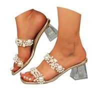 Xbemkste Sandalen Damen Transparente Chunky Absatz Pantoletten mit Perlen Sandaletten Elegant Kleid Schuhe Sommer Kristall Sandaletten für Party,Hochzeit (Gold, 37)