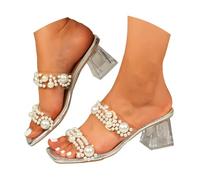 Xbemkste Sandalen Damen Transparente Chunky Absatz Pantoletten mit Perlen Sandaletten Elegant Kleid Schuhe Sommer Kristall Sandaletten für Party,Hochzeit (34.5)