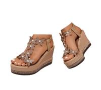 Xbemkste Sandalen mit Keilabsatz Damen Plateau Sandalen High Heels Sandaletten mit Glitzer Strass-Schmetterling Elegante Sommersandalen für Party Hochzeit (Khaki, 38.5)