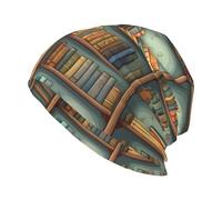 XBKGOHA Lustige Strickmütze für Erwachsene, Bücherregal-Kollektion und Leiterdruck, weich, bequem und atmungsaktiv, Schwarz