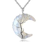 XBOW 7 Chakra Heilung Kristall Halskette Baum des Lebens Draht umwickelt Mond Halbmond Stein Harz Quarz Kette Anhänger, Opalit opal, 50 cm