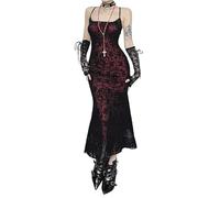 XCJIKUKE Damen Gothic Bodycon Maxikleid Casual Blumendruck Spaghettiträger Kleider, Rot 1, Groß