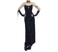 XCJIKUKE Damen Gothic Bodycon Maxikleid Casual Blumendruck Spaghettiträger Kleider, Schwarz 1, Groß