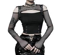 XCJIKUKE Damen Gothic T-Shirt Goth Crop Top Y2k Streetwear Langarm Tops Rave Shirts, Schwarz 1, Medium
