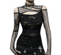XCJIKUKE Damen Gothic T-Shirt Goth Crop Top Y2k Streetwear Langarm Tops Rave Shirts, Schwarz 5, Groß