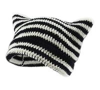 XehCaol Y2k Cat Beanie,Lustige Mütze Mit Ohren Katzenohren Strickmützen Knitted Hat Cat Ears Teufel hörner Mädchen Y2k Grunge Accessoires (White+Black)