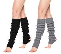 XEPST 2 Paar Ballett Stulpen Gestrickte Steigbügel Beinstulpen für Mädchen Damen, Lange Stiefelmanschette Kniestrümpfe für Ballett Tanz Yoga Täglich, Schwarz + Grau